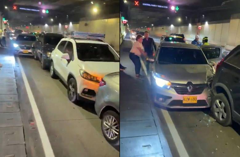 Cuatro carros resultaron afectados en el choque múltiple que se presentó en la mañana de este lunes en el túnel de Oriente. FOTO: CORTESÍA MI ORIENTE
