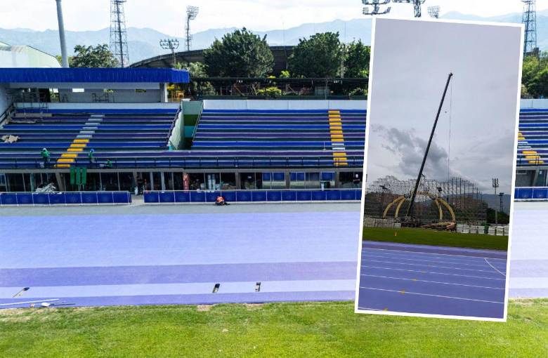La pista de atletimo Alfonso Galvis fue entregada oficialmente el 19 de junio, tras una inversión de 21.000 millones de pesos. Desde la semana pasada empezó el montaje de uno de los escenarios para el festival EDC, permitiendo el paso de grúas y camiones por sobre el tapete de los corredores. FOTOS: CORTESÍA ALCALDÍA DE MEDELLÍN Y CIUDAD SUR