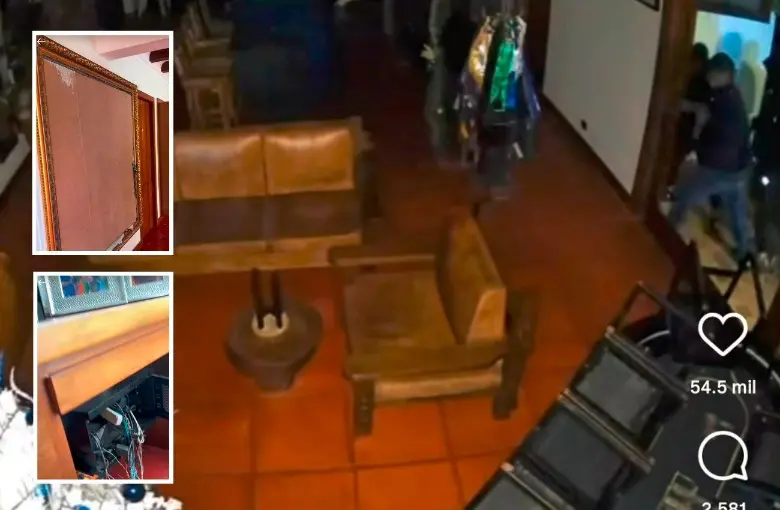 Así fue como se metieron los delincuentes a la propiedad de Guarín, forzando las cerraduras (imagen principal). Dentro de la propiedad, forzaron cajones y sistemas de seguridad (detalle inferior), además de dañar un cuadro donde tenía una de sus camisetas más valiosas (detalle superior). FOTO: TOMADA DE VIDEO DEL INSTAGRAM @FGUARIN13