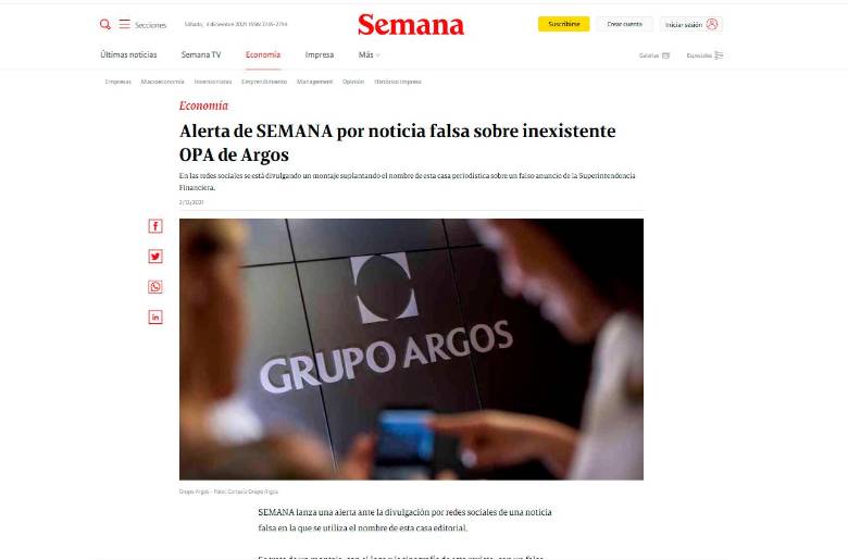 Captura de la nota de Semana en la que desmiente una noticia que se movió en redes con un montaje de su página web.