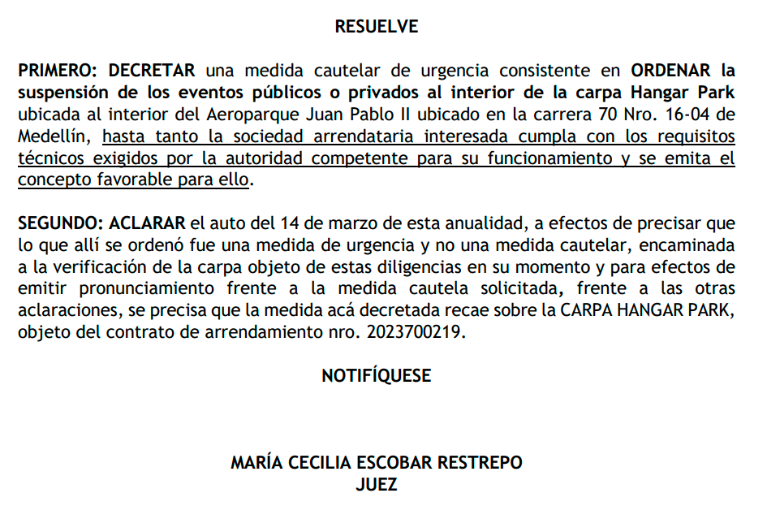 Aparte de la medida cautelar de suspensión temporal de los eventos. 