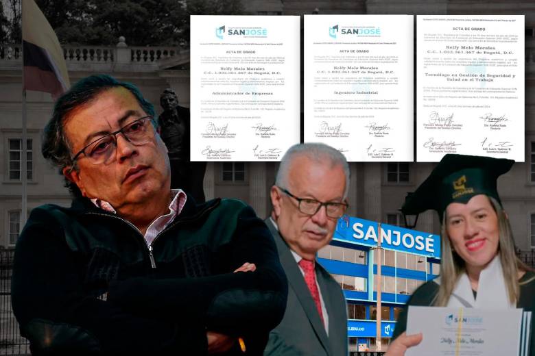 A los cuestionamientos contra la Fundación Universitaria San José se suma la expedición exprés de tres títulos a la secretaria del presidente. En la imagen, Francisco Pareja y Nelfy Melo Morales. FOTO Cortesía