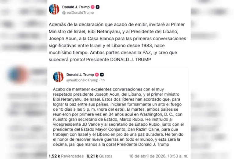 Trump dio parte del resultado de las negociaciones entre Israel y Líbano en su plataforma. Foto: captura Truth Social