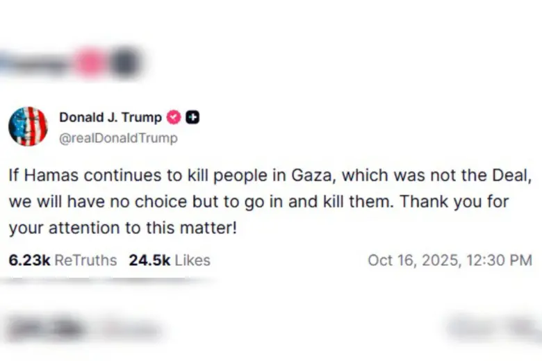El presidente Donald Trump usó su red social para advertir a Hamás sobre los asesinatos en Gaza. Foto: captura Truth Social