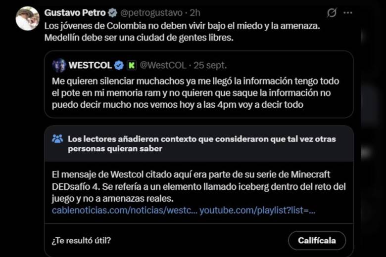 Este fue el mensaje del expresidente Petro en X que luego eliminó. Foto: Captura redes sociales