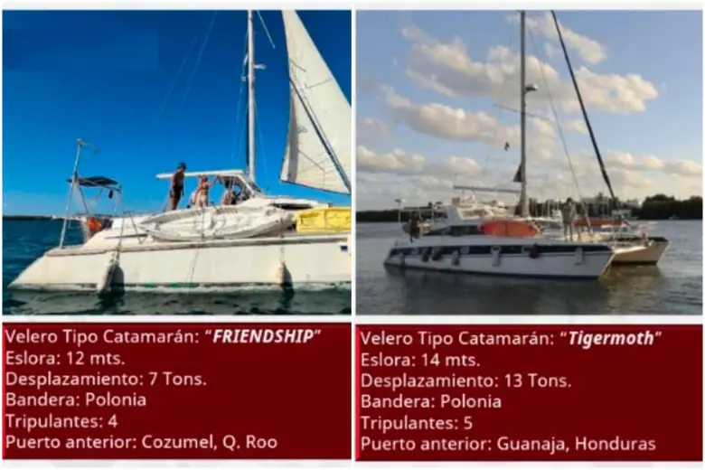 Estos son los veleros Friend Ship y Tiger Moth que zarparon de la península de Yucatán con destino a Cuba con ayuda humanitaria. FOTO: Tomada de X @SEMAR_mx