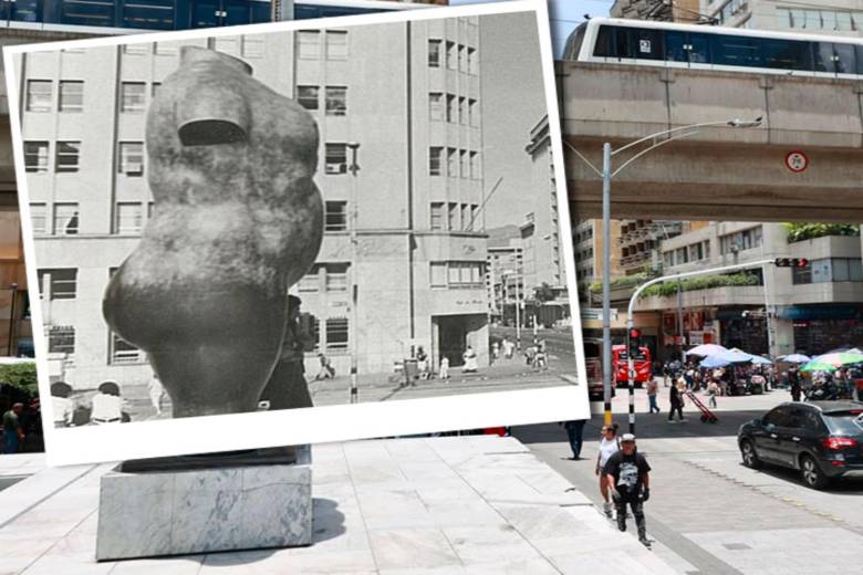 Una imagen que compara la instalación del Torso desnudo de Mujer en 1986 con el presente del sector de Parque Berrío donde está instalada. FOTO: Manuel Saldarriaga e imagen de Archivo.