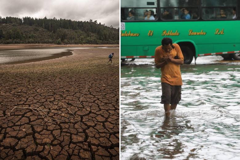 Contrastes extremos del clima: mientras unas regiones en Colombia enfrentarán sequías severas que agrietan la tierra, otras sufren inundaciones devastadoras que arrasan comunidades enteras. FOTOS: Archivo El Colombiano