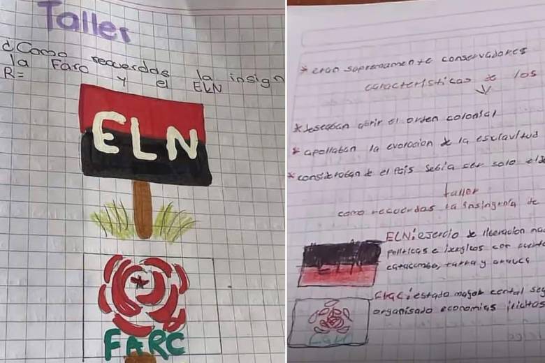 Una docente le pidió a sus estudiantes de cuarto y quinto de primaria dibujar insignias del ELN y FARC. FOTOS: Tomada de las redes sociales 