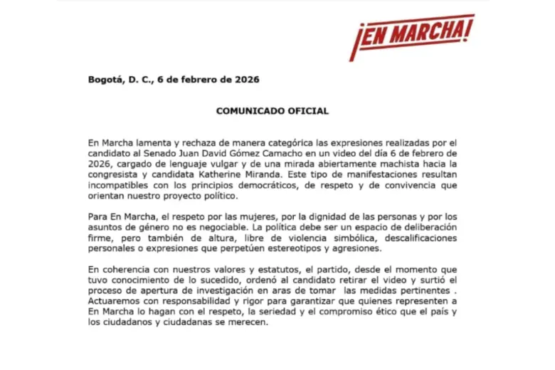 Comunicado oficial de En Marcha con respecto al caso de Juan David Gómez. FOTO: Cortesía.