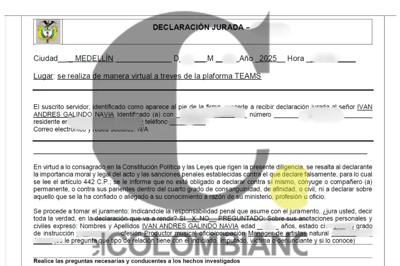 Declaración juramentada de Galindo. Foto: EL COLOMBIANO