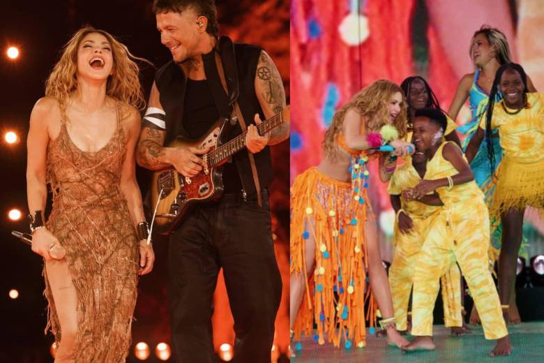 Shakira durante el cuarto concierto de su gira ‘Las Mujeres Ya No Lloran’ en España, donde también estuvieron los Ghetto Kids, el grupo de niños que bailó ‘Dai Dai’ junto a la artista en el Mundial. Foto: Nicolás Gerardin y redes sociales de Alejandro Sanz.