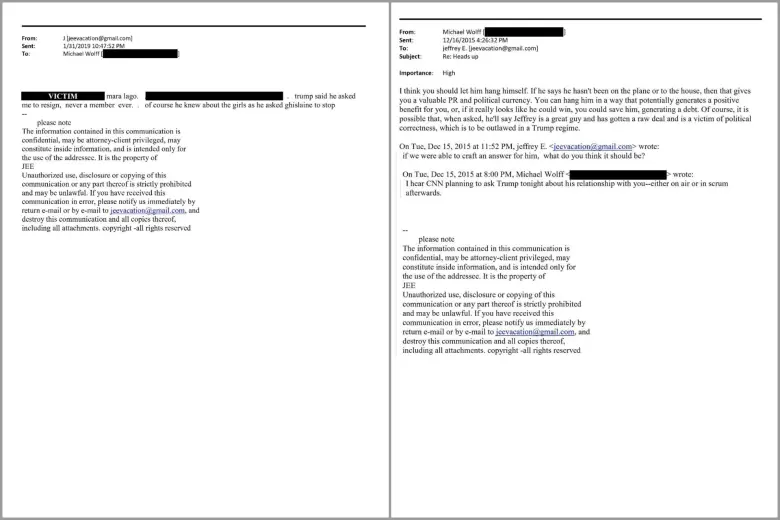 Otros presuntos correos entre Jeffrey Epstein y Ghislaine Maxwell, en donde al parecer hablaron de Trump. FOTO: Oversight Committee