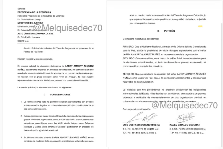 Esta es la carta que le envió Larry Changa al gobierno de Gustavo Petro pidiendo ingresar a la ‘paz total’. Foto: @Melquisedec70