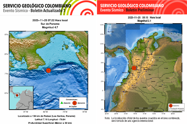Ambos sismos se registraron en la mañana de este sábado 25 de noviembre. FOTOS CORTESÍA SGC