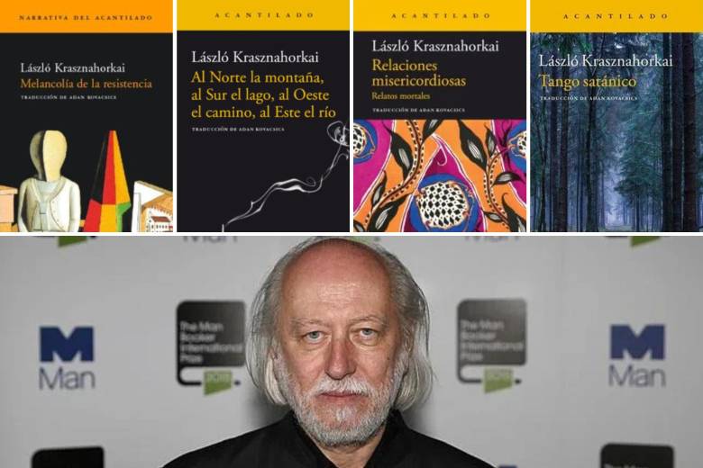 Algunos libros de László Krasznahorkai que se pueden leer en español. FOTOS AFP y cortesía Acantilado.
