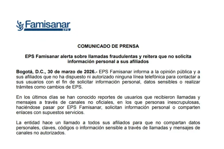 La EPS aseguró que no solicita información personal ni realiza trámites por líneas no autorizadas.