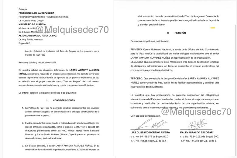 Esta es la carta que le envió Larry Changa al gobierno de Gustavo Petro pidiendo ingresar a la ‘paz total’. Foto: @Melquisedec70