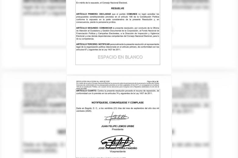 Esta es la resolución con la que el CNE oficializa la pérdida de personería del partido Comunes. Foto: @Marovaan