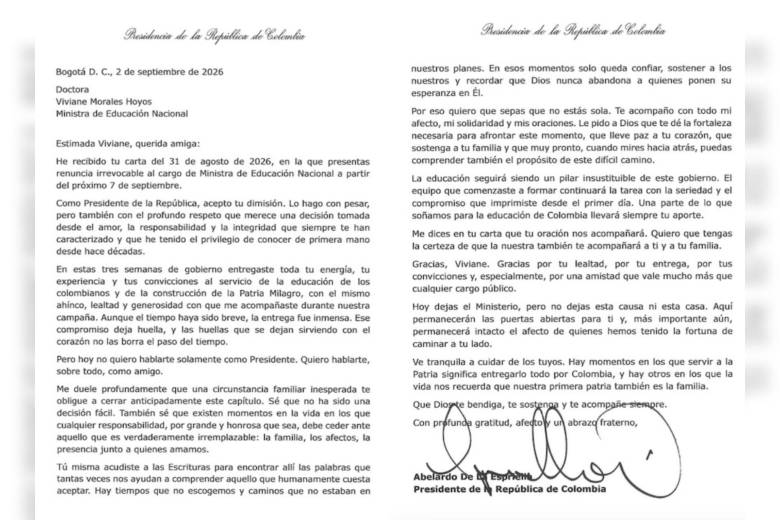 La carta con la que Abelardo De la Espriella acepta dimisión de Vivian Morales. Foto: tomada de X