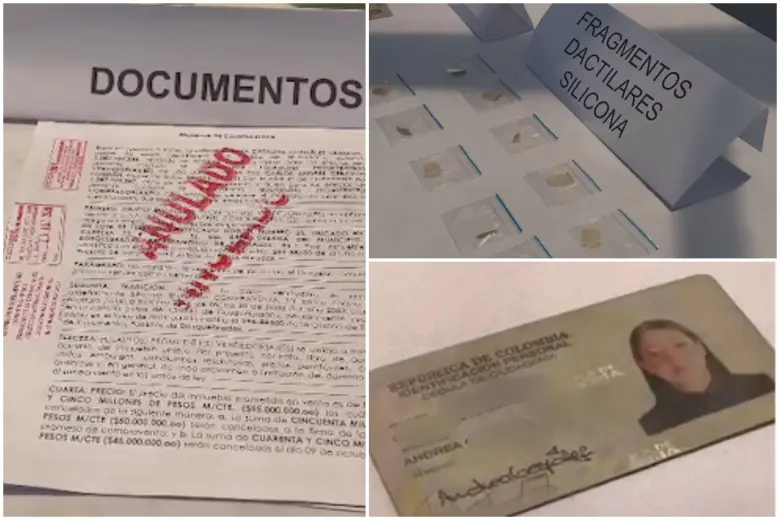 Los documentos, la cédula y las huellas digitales de silicona falsas que utilizaba la mujer para vender los predios. FOTO: Policía Nacional y cortesía