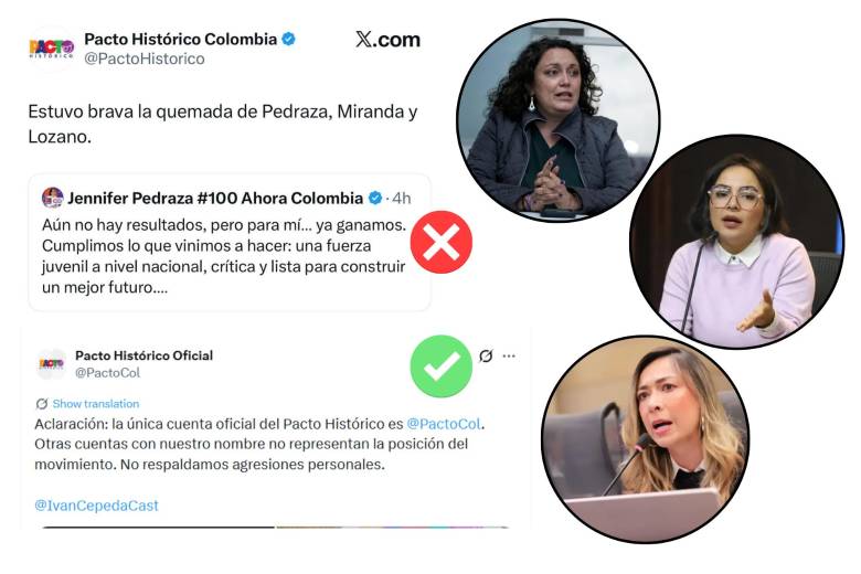Desde la cuenta falsa atacaron a las candidatas Pedraza, Miranda y Lozano. El Pacto rechazó el mensaje. FOTOS: CAPTURA DE PANTALLA Y COLPRENSA.