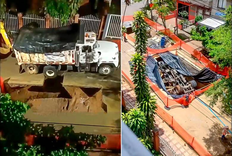 La volqueta, que era utilizada para una obra de EPM en el barrio Los Ángeles, centro de Medellín, terminó en un hueco desde finales de la semana pasada. Se están pensando en estrategias para extraerla. FOTOS: CORTESÍA