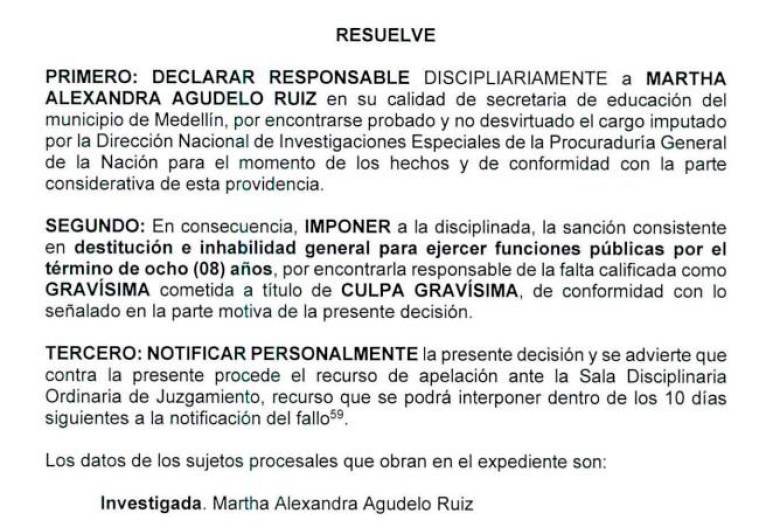 Procuraduría inhabilita por ocho años a Alexandra Agudelo, exsecretaria de Educación de Quintero