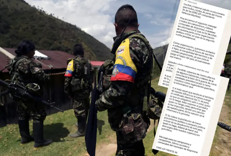 El mensaje de intimidación a los votantes está siendo repartido por las disidencias de las Farc en los pueblos del Norte de Antioquia. FOTOS: AFP Y CORTESÍA.