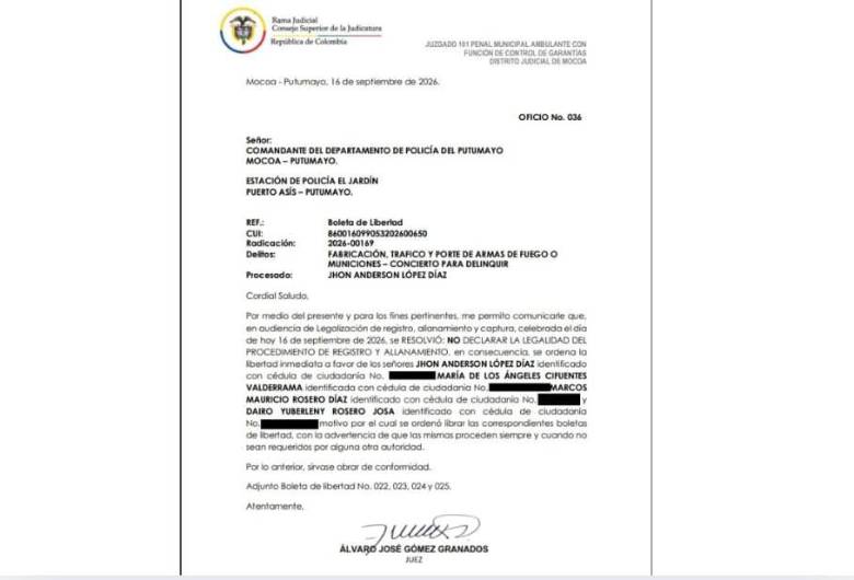 La decisión judicial se produjo durante la audiencia de legalización del registro, allanamiento y captura de los cuatro señalados. FOTO: Redes sociales. 