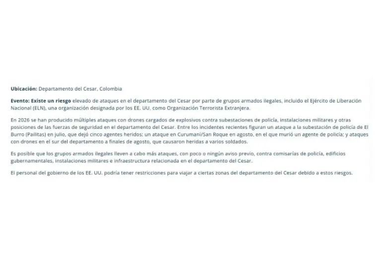 Alerta de drones emitida por el Gobierno de Estados Unidos. FOTO: Embajada de Estados Unidos en Colombia.