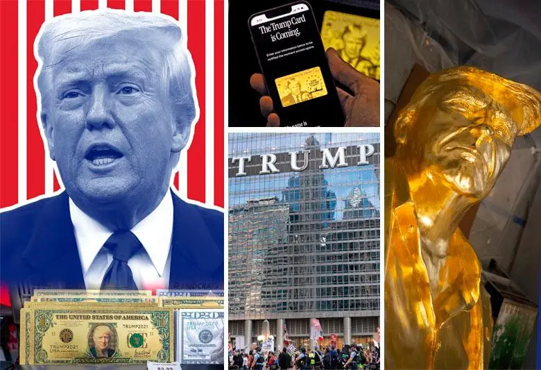 Desde una estatua de casi cinco metros, encargada por sus fans, hasta aparecer en billetes, así va Trump FOTO AFP y Getty