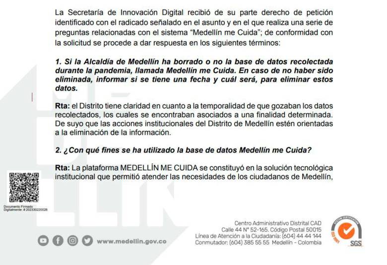 Alcaldía reconoce que aún no ha borrado base de datos de Medellín Me Cuida