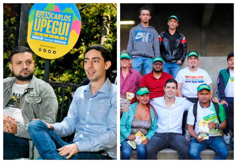 Juan Carlos Upegui, precandidato a la Alcaldía de Medellín, y Esteban Restrepo, precandidato a la Gobernación de Antioquia, se ven en campañas de territorio. FOTOS Tomadas de Twitter
