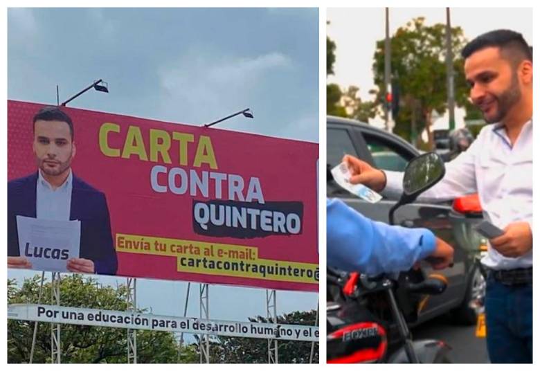 El precandidato Lucas Cañas, quien tendría aval conservador, ya se ve con vallas y en las calles repartiendo billetes de mentiras con el mensaje “Lucas para todos”. FOTOS Tomadas de Twitter