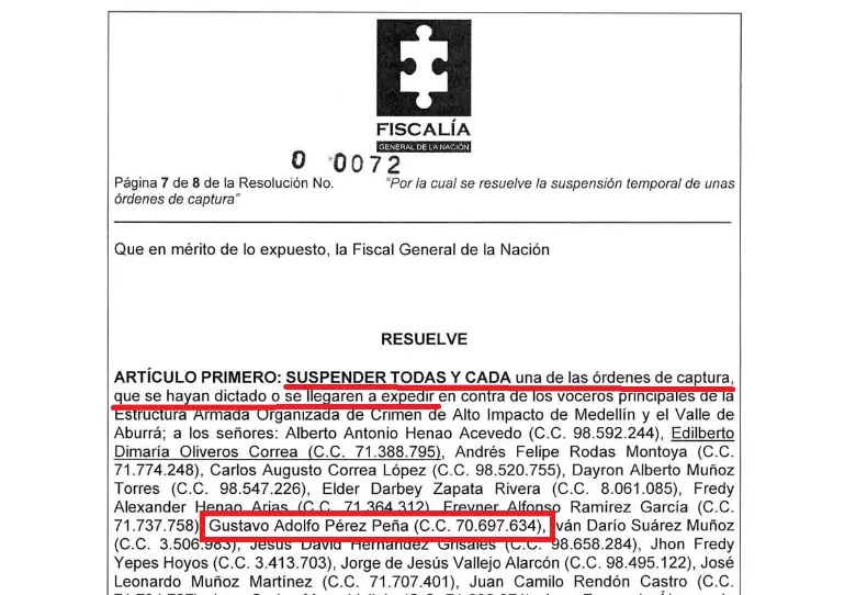La Resolución N°00072 de 2026 de la Fiscalía, que le otorgó la suspensión de la orden de captura a “el Montañero” con su identidad de Gustavo Adolfo Pérez Peña, la cual fue cancelada por la Registraduría en 2022. FOTO: EXTRACTO DE DOCUMENTO.