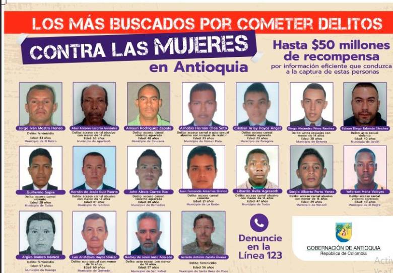 Este es el cartel de los 18 más buscados como presuntos responsables de violencias de género en Antioquia. FOTO Cortesía