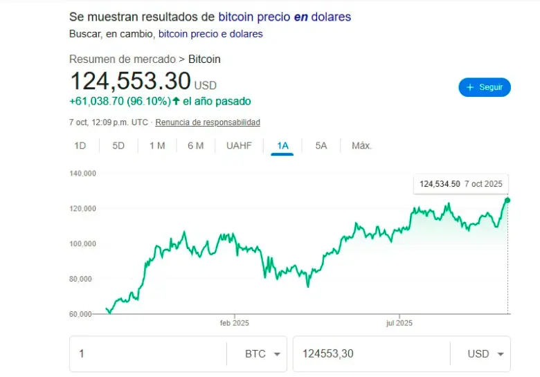 Bitcoin ha escalado casi un 100% en el último año. Tomado de Google. 