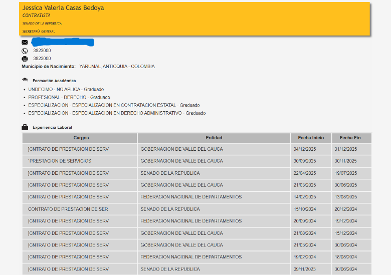 Registros de la hoja de vida de Valeria Bedoya, en el SIGEP. 