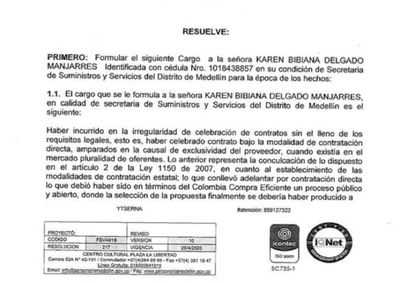 Formulan pliego de cargos a Karen Delgado, exsecretaria de Quintero, por presunta falta en adjudicación de contrato