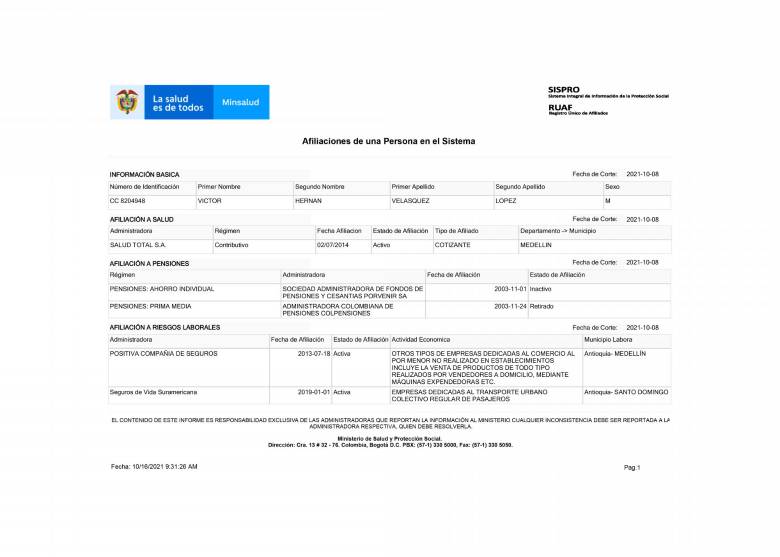 Planilla de afiliación de Víctor Velásquez a la seguridad social. 