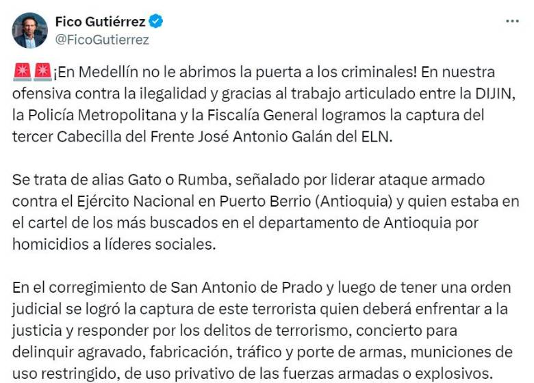 Presunto cabecilla del ELN que estaba en cartel de los más buscados fue capturado en Medellín