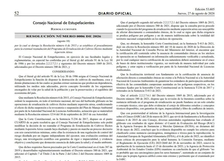 Publicación oficial de la Resolución 0006 del 18 de agosto de 2026 en el Diario Oficial, mediante la cual el Consejo Nacional de Estupefacientes deroga la suspensión de la aspersión aérea con glifosato. Foto: Consejo Nacional de Estupefacientes