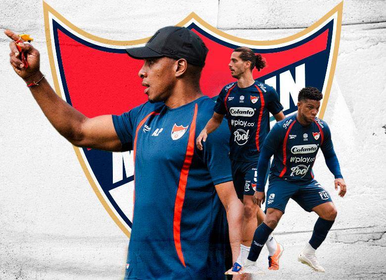 Luis Amaranto Perea se estrena como técnico oficial del DIM. Lo acompañan Frank Fabra, ausente por lesión, y Joaquín Varela. FOTO CORTESÍA DIM