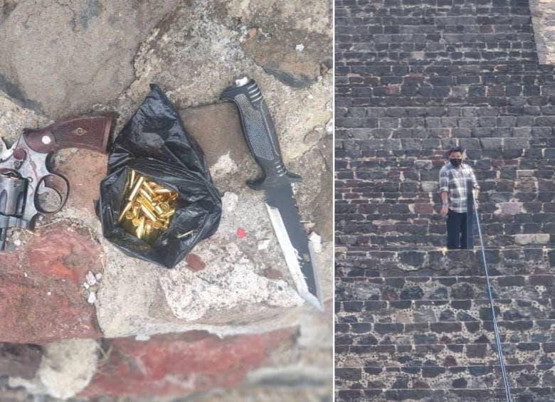 En el video se escuchan disparos mientras las autoridades enfrentan al tirador en la zona arqueológica de Teotihuacán. FOTO: REDES SOCIALES. 