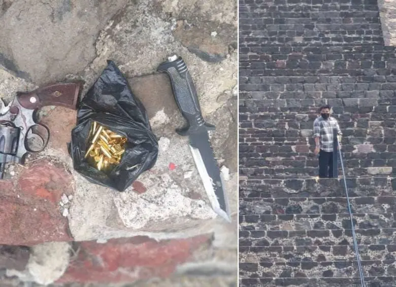 En el video se escuchan disparos mientras las autoridades enfrentan al tirador en la zona arqueológica de Teotihuacán. FOTO: REDES SOCIALES. 