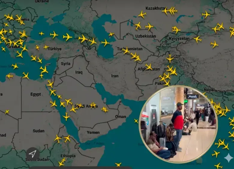 Guerra en Medio Oriente deja a miles de turistas en el limbo. Foto: redes sociales (X) y pantallazo de flightradar24.