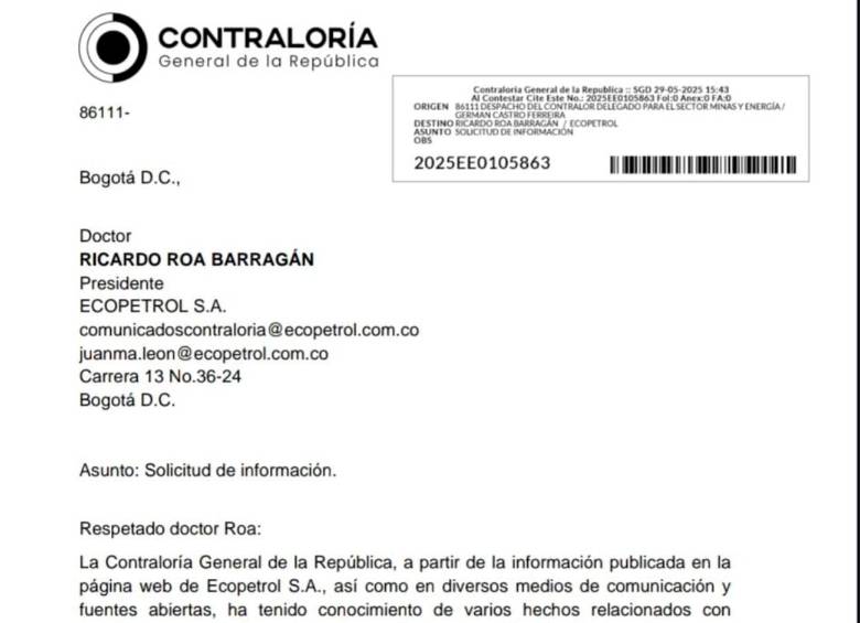 La Contraloría y su solicitud de información a Ricardo Roa, presidente de Ecopetrol. FOTO CAPTURA DE PANTALLA