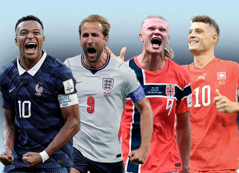 Kylian Mbappé (Francia), Harry Kane (Inglaterra), Erling Haaland (Noruega) y Granit Xhaka (Suiza), cuatro figuras que se mentienen en competencia en la Copa del Mundo. FOTO GETTY 