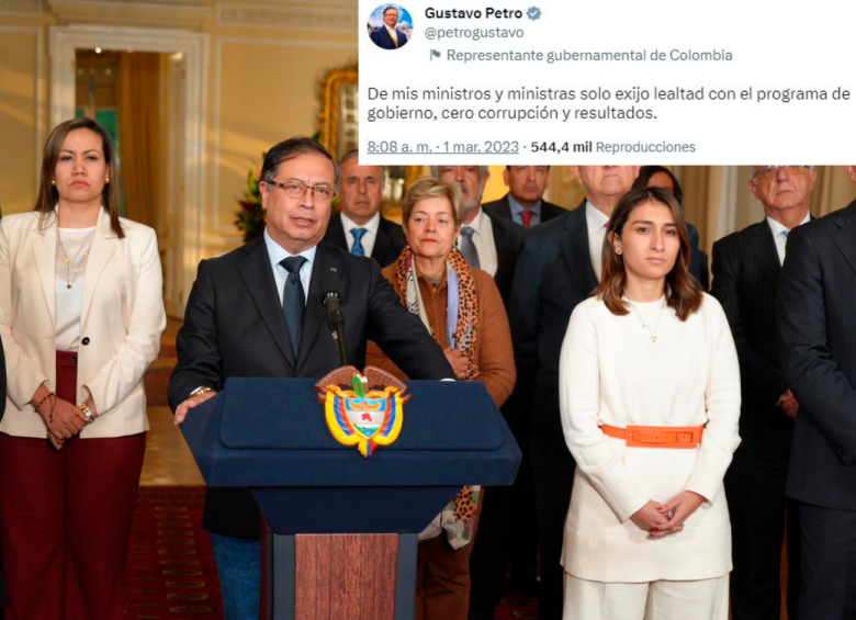 El presidente Gustavo Petro anunció el retiro de Alejandro Gaviria del Ministerio de Educación en una alocución de 2 minutos y 55 segundos. 72 horas después trinó exigiendo “lealtad” a su gabinete. FOTO: Presidencia 